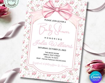 Fancy Floral Baby Shower Invitation, Pink Bow Coquette Printable Baby Shower Invitation Template, Feminine Vintage Watercolor Flower Invite