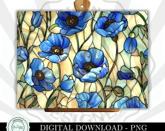 May include: A stained glass pattern featuring blue poppies on a yellow background. The design is reminiscent of a vintage art nouveau style.