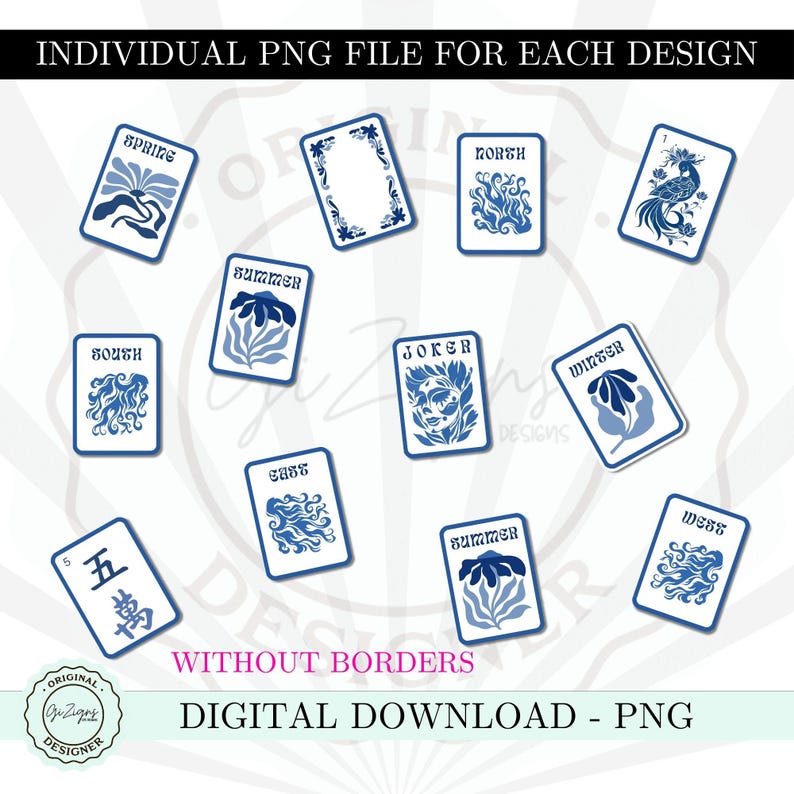 Peut inclure: Ensemble de fichiers PNG num&eacute;riques avec des motifs de cartes &agrave; jouer. Chaque carte a un fond blanc avec une bordure bleue et des illustrations. Les cartes incluent des th&egrave;mes saisonniers comme "Spring" et "Summer", ainsi qu'une carte "Joker". Le texte "DIGITAL DOWNLOAD - PNG" est &eacute;galement pr&eacute;sent.