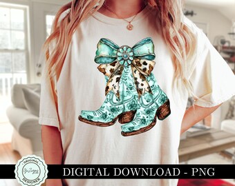 Trendy Western png, Türkis Cowgirl Stiefel PNG, niedliche Coquette Kuh Print Schleife Country Musik Cowboy Boots PNG, Küstensublimationsdesign