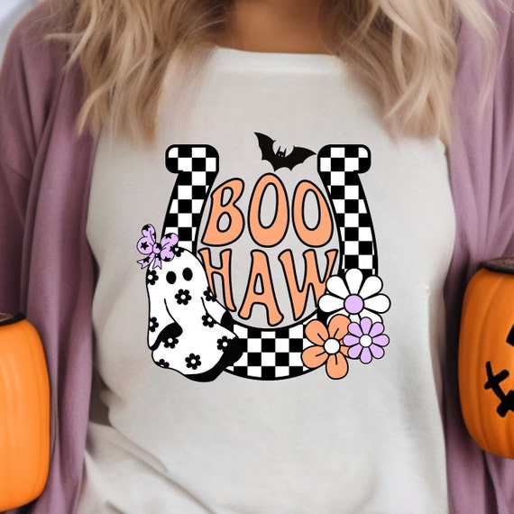 Retro Halloween Boo Haw PNG, Boo Halloween Designs Cute Ghost Boo PNG Checkered Horseshoe, Hippie Groovy Ghost png, Country Halloween png