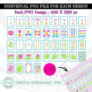 Può includere: Una grafica scaricabile digitalmente con una collezione di tessere Mahjong con vari disegni. Le tessere sono in tonalità di blu, rosa, arancione e verde. Il testo include "INDIVIDUAL PNG FILE FOR EACH DESIGN" e "DIGITAL DOWNLOAD - PNG".