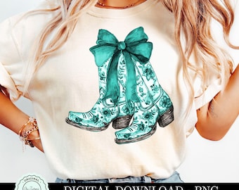 Turquoise Cowboy Boots PNG, Western Coquette Bow Clipart, Coastal Cowgirl Chinoiserie, Grandmillennial Wedding Decor, Preppy Toile Floral
