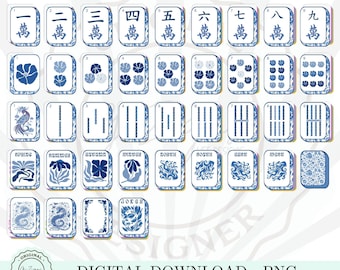 Blå Toile Mahjong-plattset PNG Clipart, Chinoiserie Mahjong digitalt utskrivbara mönsterspelplattor, Mahj Party American Mah Jongg nedladdning