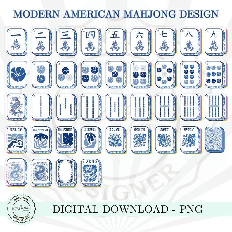 Puede incluir: Un conjunto de fichas de Mahjong americano moderno con dise&ntilde;os azules y blancos. Las fichas presentan varios s&iacute;mbolos, n&uacute;meros y motivos estacionales. Tambi&eacute;n se ve el texto "DIGITAL DOWNLOAD - PNG".