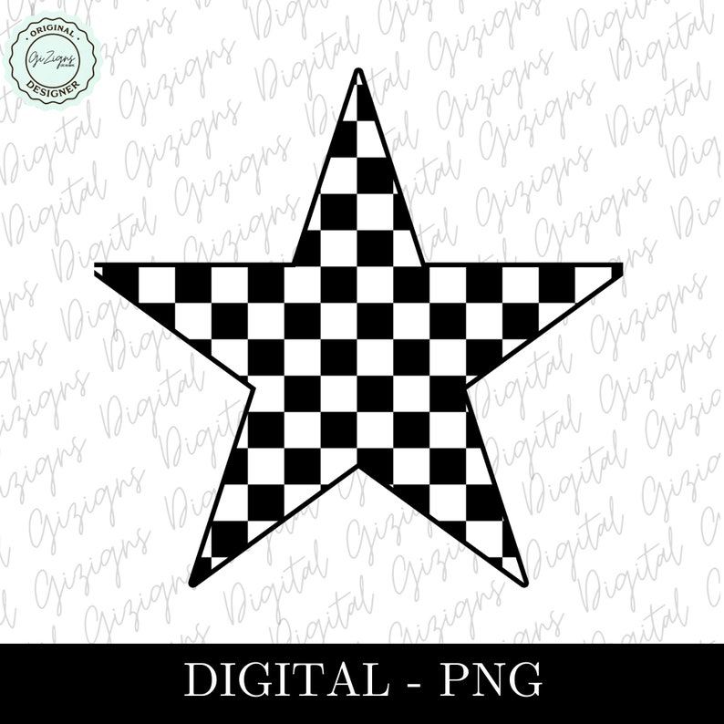 May include: A black and white checkered star graphic. The star has five points and a bold outline. The center of the star is filled with a checkerboard pattern. The words "DIGITAL - PNG" are at the bottom.