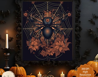 Boho Halloween Wall Art, Creepy Halloween Poster, Digital Art Print, Spooky Vintage Halloween Tarantula Decor Digital Download, Printable