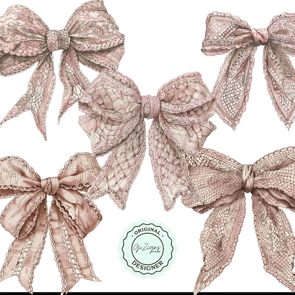 Trendy Pink Lace Bow Clipart PNG, Coquette Bows, Vintage Soft Girl Aesthetic Sublimination Digital Design Clip Art, Commercial Use Allowed