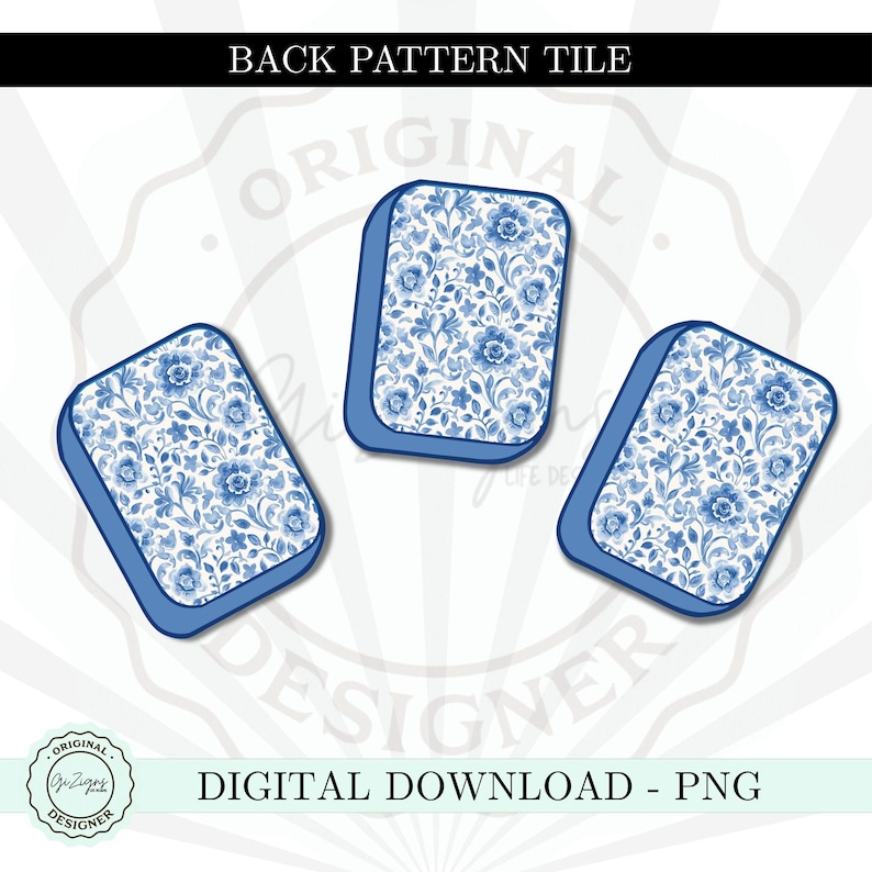 Puede incluir: Tres baldosas rectangulares con esquinas redondeadas, con un patr&oacute;n floral azul sobre fondo blanco. Las baldosas tienen un borde azul. Se muestra el texto "BACK PATTERN TILE" y "DIGITAL DOWNLOAD - PNG".