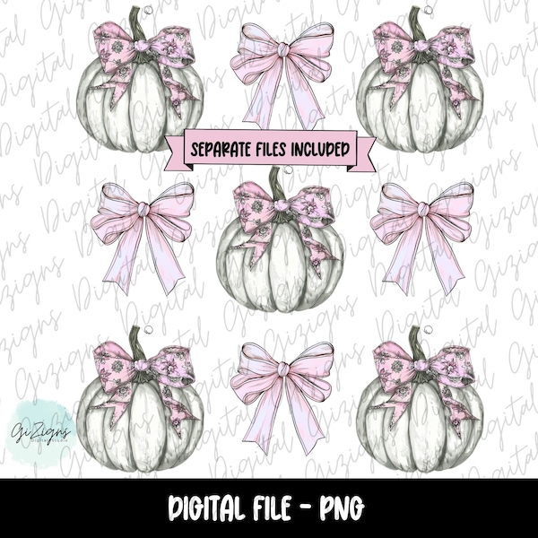 Trendy Pink Bow Coquette Pumpkin PNG Clipart Bundle, Girlie Halloween Clip Art, Cute Fall Ribbon Watercolor Aesthetic Sublimination Design