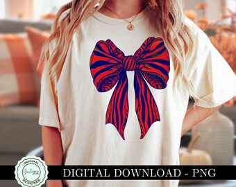 Blue and Red Coquette Football Bow PNG, Stripe Tiger Bow Clipart, Tigers Football Game Day Sublimation Shirt Design Fall Football Mama