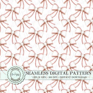 May include: A seamless digital pattern featuring white bows with red stitching, resembling baseballs. The pattern is 12 inches by 12 inches and 300 DPI. The text "ORIGINAL. GiZigny DESIGNER" is in a circle at the bottom left corner of the image.