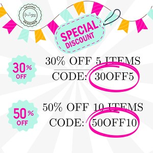 May include: A colorful graphic with a special discount offer.  The graphic features a blue and white circle with the text "30% OFF" and a pink circle with the text "50% OFF".  The graphic also features a blue and white tag with the text "SPECIAL DISCOUNT" and pink circles with the text "CODE: 30OFF5" and "CODE: 50OFF10".