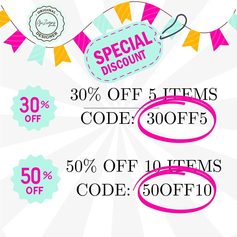 May include: A colorful graphic with a special discount offer.  The graphic features a blue and white circle with the text "30% OFF" and a pink circle with the text "50% OFF".  The graphic also features a blue and white tag with the text "SPECIAL DISCOUNT" and pink circles with the text "CODE: 30OFF5" and "CODE: 50OFF10".