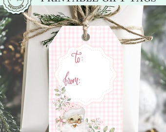 May include: Printable pink and white gingham gift tags featuring a cute cartoon Santa Claus illustration. The tags have a space to write "to:" and "from:".