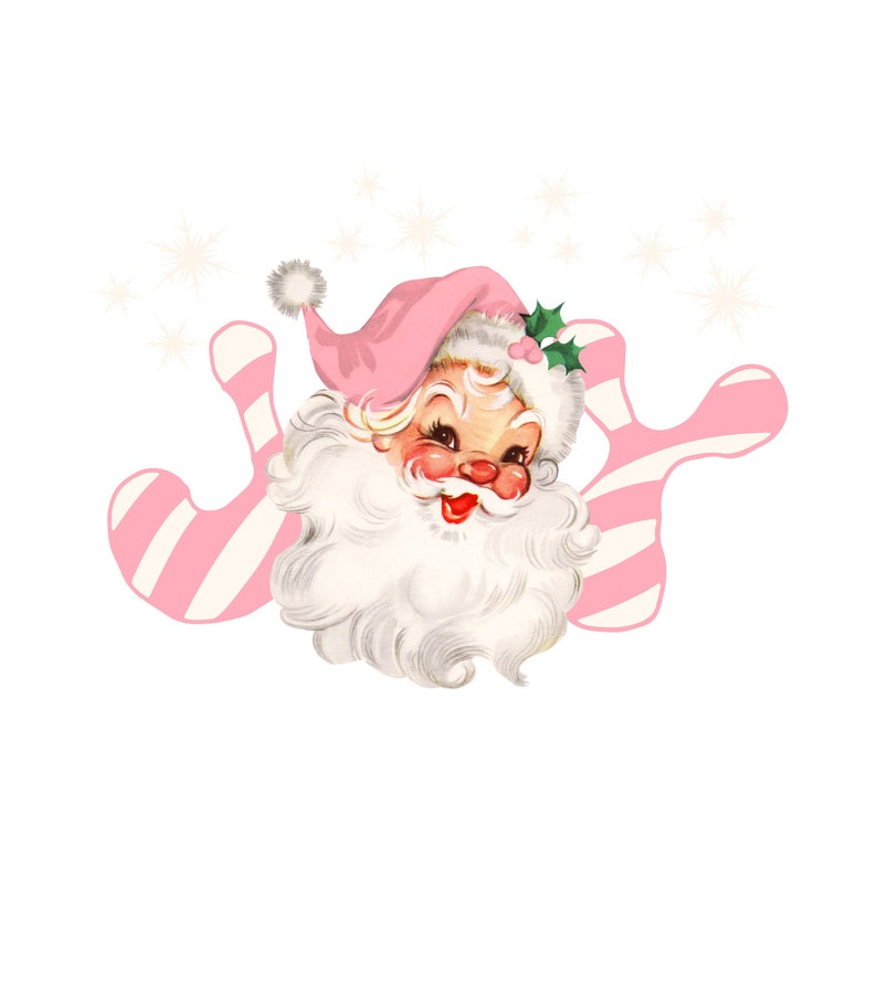 May include: A pink and white candy cane design surrounds a smiling Santa Claus with a pink hat and white beard. The word "Joy" is spelled out with the candy cane design.