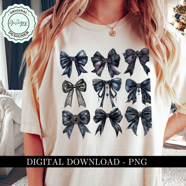 May include: A white t-shirt with a design of nine black and blue watercolor bows with jeweled accents. The text "DIGITAL DOWNLOAD - PNG" is at the bottom of the shirt.
