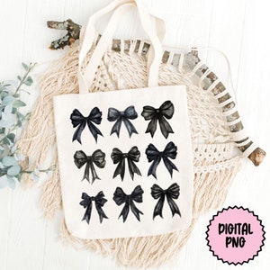 May include: A white tote bag with black watercolor bow designs. The bag has two straps and is sitting on a white surface with a macrame wall hanging behind it. The text "Digital PNG" is on a pink circle sticker in the lower right corner of the image.