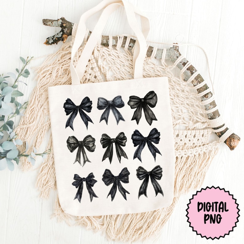 May include: A white tote bag with black watercolor bow designs. The bag has two straps and is sitting on a white surface with a macrame wall hanging behind it. The text "Digital PNG" is on a pink circle sticker in the lower right corner of the image.