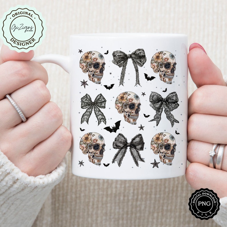 May include: White ceramic mug featuring a repeating pattern of floral skull illustrations and black lace bows. The design includes bats and stars. The mug has the text "ORIGINAL DESIGNER" and "DIGITAL DOWNLOAD PNG FILE".