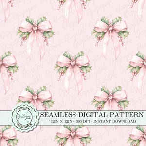 Rosa Weihnachten Kokette Nahtloses Muster PNG, Rosa Schleife Digitale Tapete Scrapbook Papier, Vintage Weihnachten Mistelzweig Stoffdesign Download