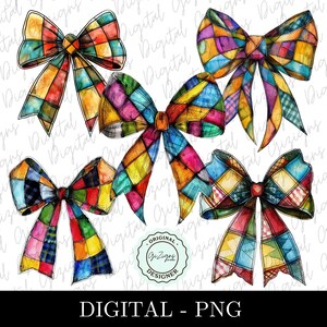 May include: Five watercolor illustrations of colorful patchwork bows. The bows are in various shades of blue, red, yellow, green, and purple. The bows are arranged in a random pattern on a white background. The text "ORIGINAL GizZigns DESIGNER" is in a circle at the bottom of the image.