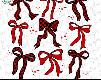 Black and Red Checkered Bow Dark Coquette PNG ClipArt Collage, Preppy Watercolor Retro Bow Clip Art, Black Ribbon Red Bow Black Bow