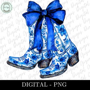 Royal Blue Coastal Cowgirl PNG, Coquette Blue chinoiserie-laarzen met bloemen en strik Grandmillenial-ontwerp png, sublimatie DTF, preppy shirt png