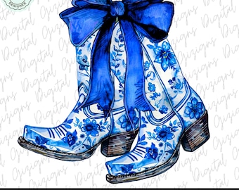Royal Blue Coastal Cowgirl PNG, Coquette Blue Chinoiserie Floral Boots Bow Grandmillenial Design PNG, Sublimation DTF png, Preppy Shirt png