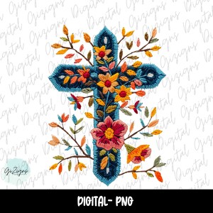 Trendy Floral Cross Faux Embroidery PNG Clipart, Cross PNG, Floral Clip Art, Flowers Clip Art, Sublimination Embroidery Digital Download image 2
