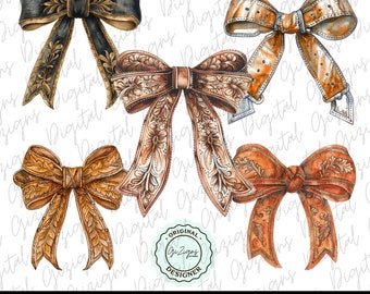 Trendy Country Western Watercolor Leather PNG Bow Coquette PNG, Coquette Bows PNG Bundle, Clipart Aesthetic Sublimation Design Digital