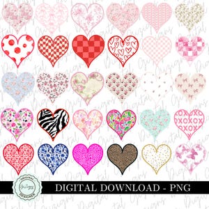 Paquete de imágenes prediseñadas de corazón PNG, corazones de San Valentín PNG, corazones florales, corazón a cuadros coqueto, corazón de leopardo, flores elegantes, corazón rosa rojo xoxo png