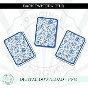 Peut inclure: Trois carreaux rectangulaires aux coins arrondis, avec un motif floral bleu sur fond blanc. Les carreaux sont soulign&eacute;s en bleu. Le texte "BACK PATTERN TILE" et "DIGITAL DOWNLOAD - PNG" sont affich&eacute;s.