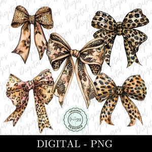 Moda Leopard Print PNG Bow Coquette PNG, Coquette Bows PNG Bundle, Country Western Clipart Cinta Estética Subliminación Diseño Digital