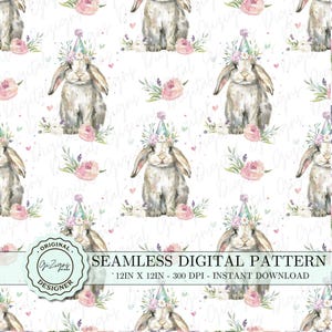 Seamless Birthday Bunny Pattern, Cute Digital Paper, Rabbit Background, Party Fabric Design, Baby Birthday Party Decor , Pastel SBF001
