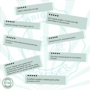 May include: Image featuring customer reviews on light blue rectangular backgrounds with black star ratings. Text includes phrases like "Great item easy to use," "Beautiful design," and "Excellent quality!" A logo is visible.