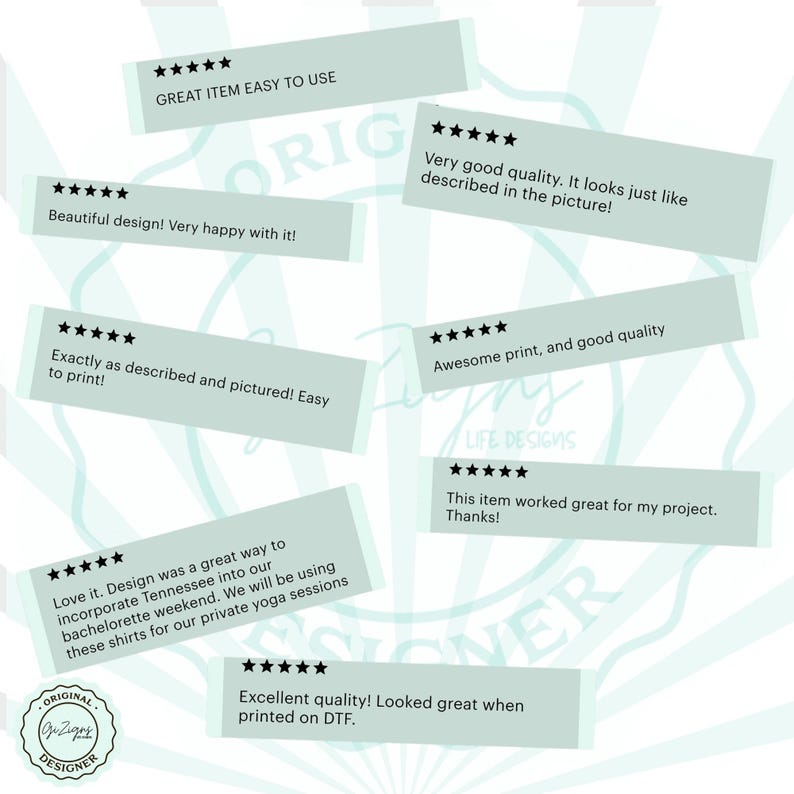 May include: Image featuring customer reviews on light blue rectangular backgrounds with black star ratings. Text includes phrases like "Great item easy to use," "Beautiful design," and "Excellent quality!" A logo is visible.