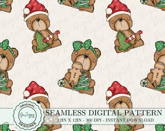 Christmas Teddy Bear Pattern png , Cute Teddy Bear Christmas Pattern, Christmas Bears Seamless Digital Paper, Digital Scrapbook Wallpaper