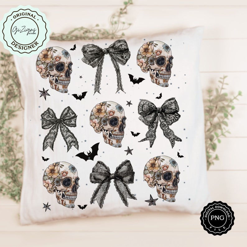 May include: White decorative pillow featuring a repeating pattern of floral sugar skulls, black lace bows, bats, and stars. The skulls have colorful floral designs. The pillow has a digital download PNG file logo.