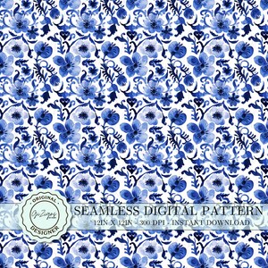 May include: A seamless digital pattern featuring a repeating design of blue and white floral motifs. The pattern is perfect for creating fabric, wallpaper, or other decorative projects.