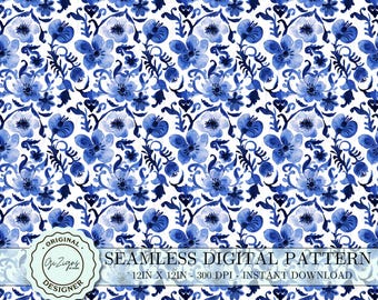 May include: A seamless digital pattern featuring a repeating design of blue and white floral motifs. The pattern is perfect for creating fabric, wallpaper, or other decorative projects.