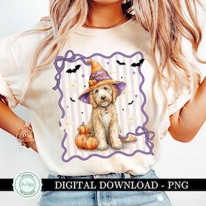 Cachorro fofo de Halloween Goldendoodle png, Laço de coquete de rabisco dourado Grandmillennial, Design moderno de outono, design de camisa de Halloween feminina, abóbora