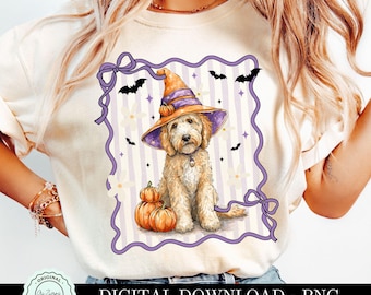 Cute Goldendoodle Halloween Dog png, Golden Doodle Coquette Bow Grandmillennial, Trendy Fall Design Girly Halloween Shirt Design Pumpkin