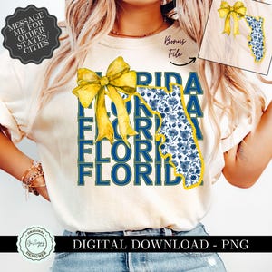 Florida PNG, Blau und Gold Florida Cowgirl PNG Clipart, Kokette Blaue Blumenschleife Westliche PNG Grandmillenial Bogen Design png, Sublimation