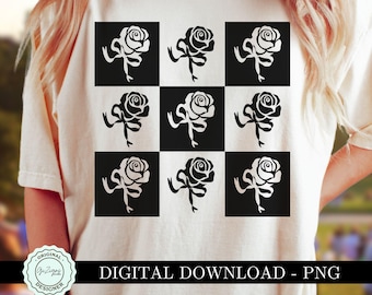 Trendy Black Rose Checkered Bow Coquette PNG ClipArt Checked Checkerboard Dark Coquette Bow SVG Preppy Collage Wall Art Decor Design