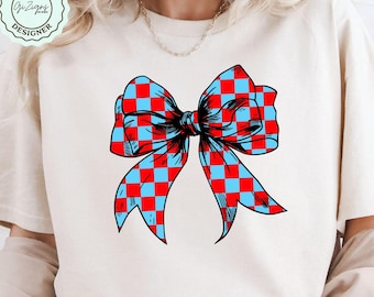 Trendy Checkered School Color Coquette Red and Blue Bow PNG Clipart, Varsity College Color Check Bow Game Day Checkerboard Bow Sublimation