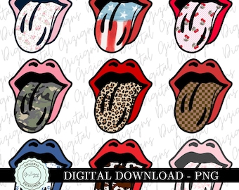 Trendige Zunge PNG Bundle, Camo PNG, Patriotische PNG, Toile PNG ClipArt, Adretter Kirsche, Schachbrett, Retro, Rock'n'Roll Sublimationsdesign