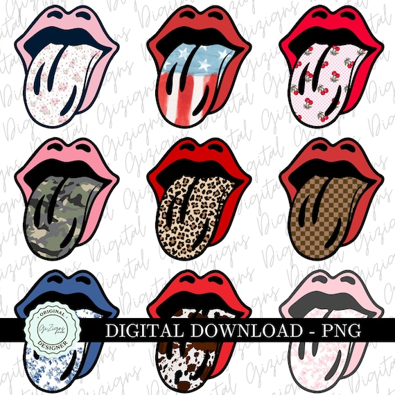 Trendy Tongue PNG Bundle, Camo png, Patriotic png, Toile PNG ClipArt, Preppy Cherry,  Checkerboard, Retro, Rock and Roll Sublimation Design