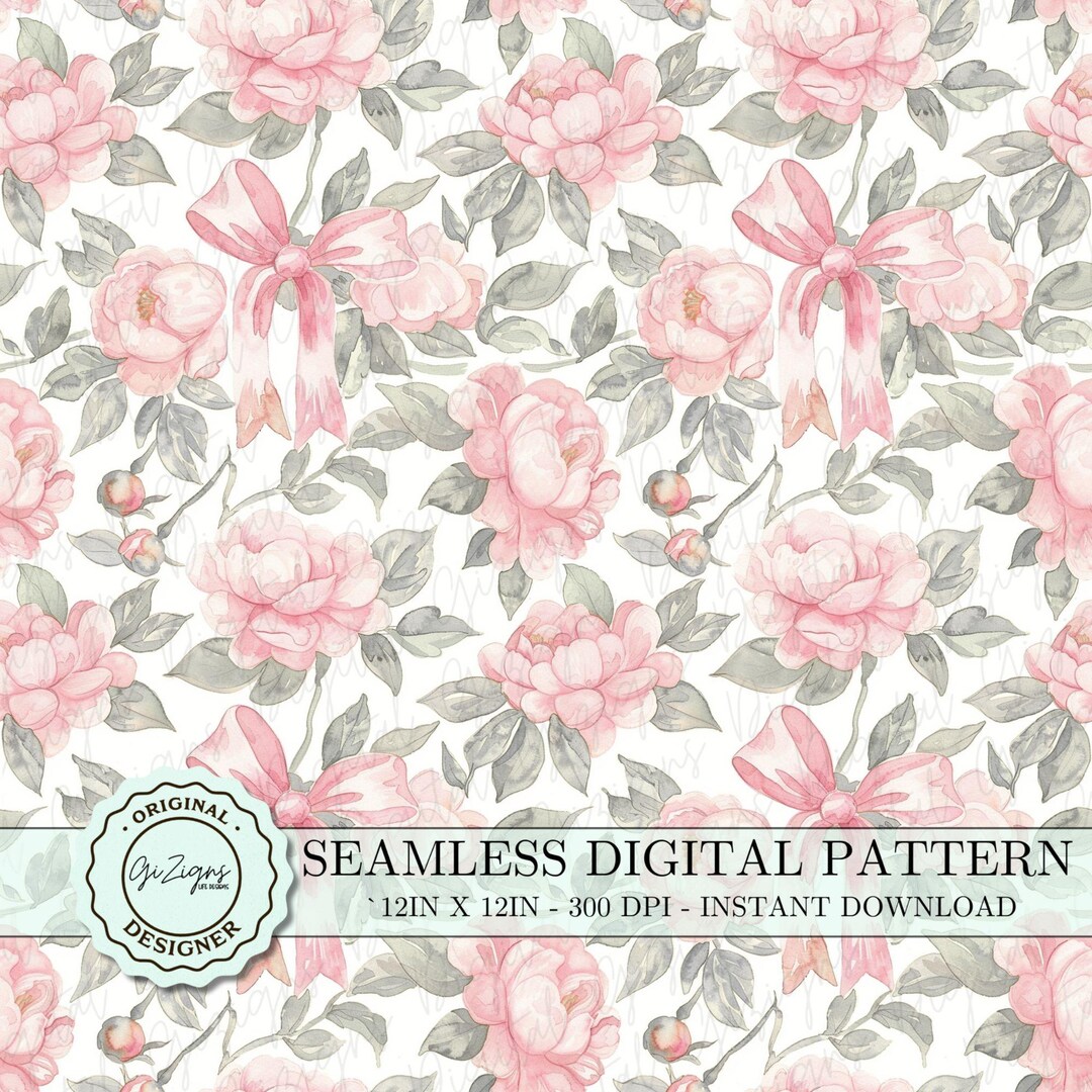 Vintage Pink Floral Coquette Seamless Pattern PNG SVG, Pink Peony Bow ...