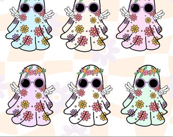 Groovy Retro Ghost Clipart, Hippie Ghost png, Flowers, Digital Downloads for Sublimination, POD, Digital Art, Boho Ghost Clipart Cute Boo